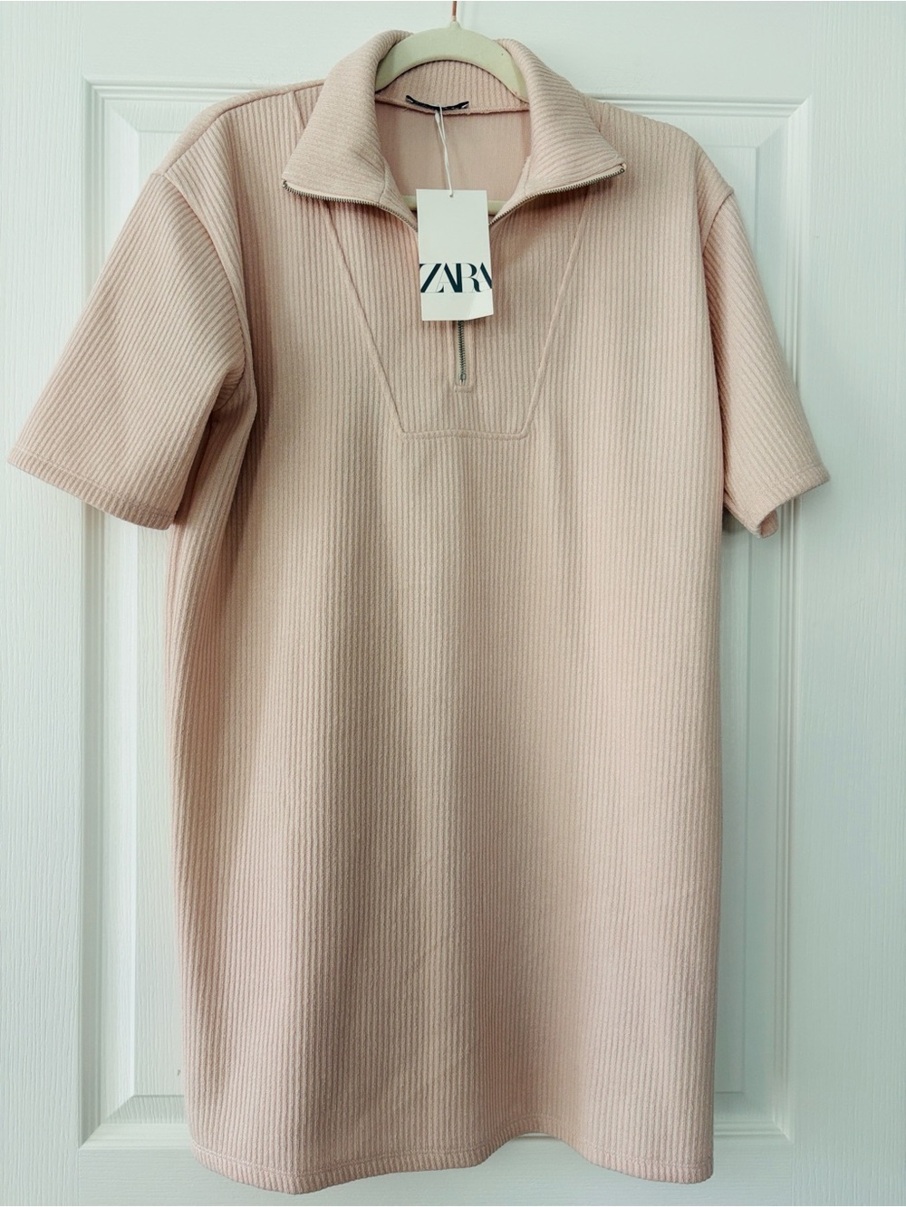 ZARA Blush Pink Ribbed Half-Zip Midi Dress